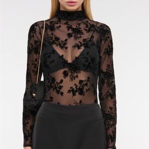 Abercrombie & Fitch Black Floral Mesh Top - mock neck